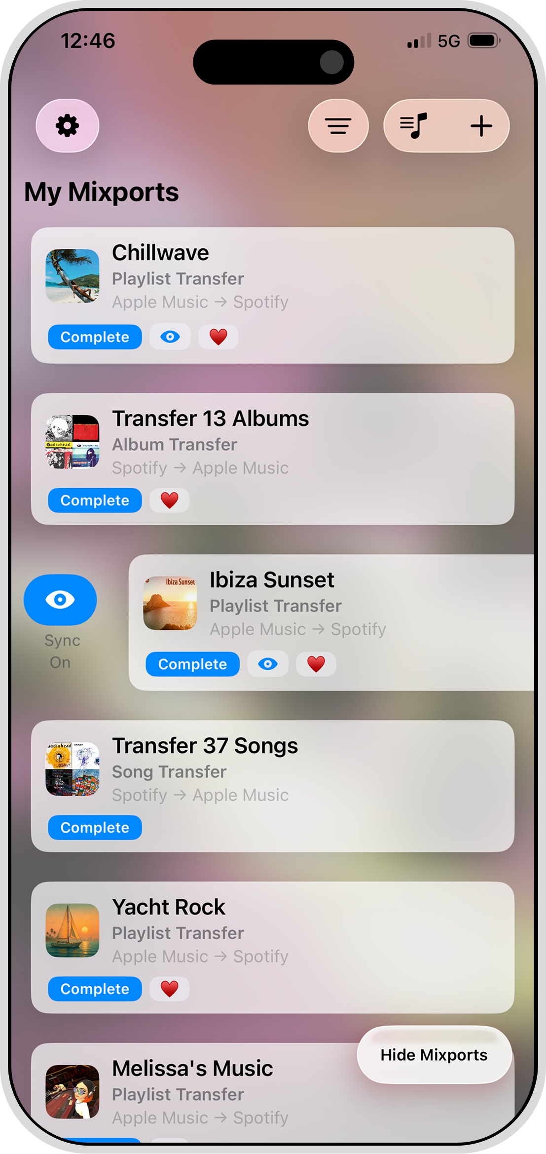 Mixport app showing playlist transfer and sync